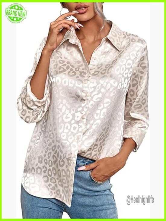 Tops - Elegant Jacquard Long Sleeve Satin Button Down Blouse